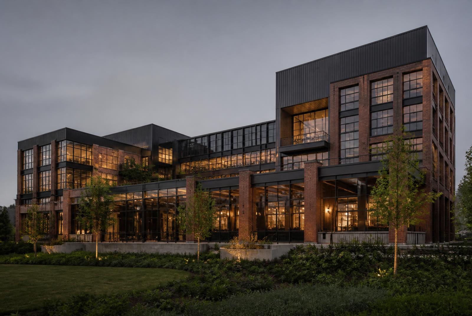 Dusk view of the completed mixed-use blocks showing brick piers and metal upper storeys